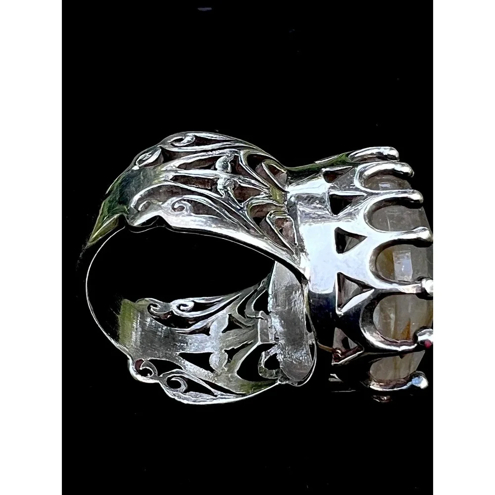 925 Sterling Silver Rutilated Quartz Vintage Filigree Crown Statement Ring